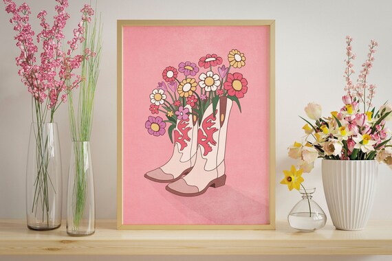 Retro wall art Cowgirl Boots Printable Room Decor - Preppy aesthetic wall art digital download - Pink floral wall art western Art