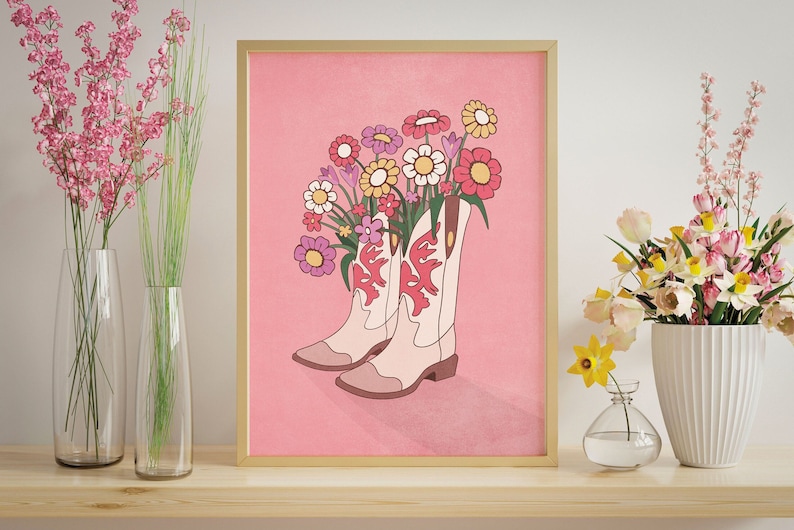 Trendy aesthetic Cowgirl print is modern printable wall decor for the dorm room, bedroom, teen room etc.