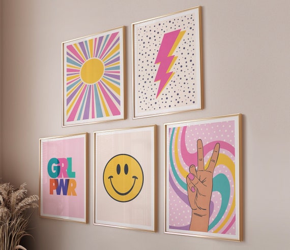 Colorful Poster Set of 5 Pink Trendy Art Digital Prints, Wall Art Set Colorful Digital Artwork, Gift For Teen Girl Printable Poster Set
