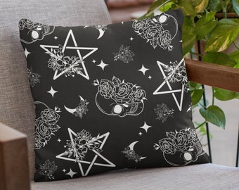 Black White Witch Pillow, Halloween Pillow, Spooky Pillow, Skull Pillow, Halloween House Decor