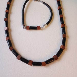 MEN'S BLACK OBSIDIAN and Wood Necklace Set