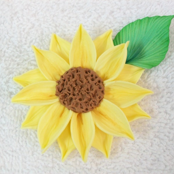 Fondant sunflower with leaves.  Set of 4 flowers with 12 leaves.  Cake or cupcake topper.