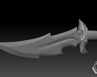 May include: A grey, stylised dagger with a curved blade and ornate handle. The blade has a series of sharp points along the edge. The handle is wrapped with a textured pattern. The design is detailed and appears to be 3D-rendered.