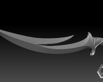 May include: A silver-colored dagger with a curved blade and an ornate handle. The handle has a detailed design with intricate carvings.