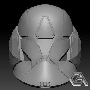 May include: A grey 3D model of a helmet with a geometric design. The helmet has a visor and a small, triangular panel on the top.