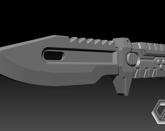 May include: A grey, futuristic-looking knife with a serrated blade and a textured handle. The handle has a series of buttons and a circular design.