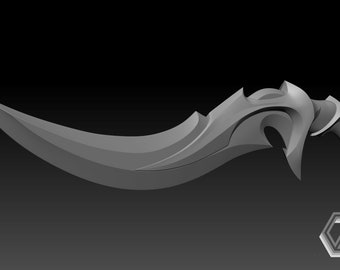 May include: A gray, curved, and detailed dagger with a sharp point and a textured surface.