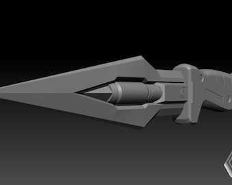 May include: A grey 3D model of a futuristic knife with a sharp blade and a textured handle. The knife has a cylindrical object attached to the blade.