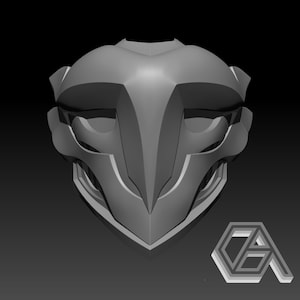 May include: A 3D printed grey mask with a geometric design. The mask has a sharp, angular shape with a pointed chin and a raised brow.