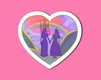 Lesbian Fantasy Sticker – Queer Princess Vinyl – Heart Shaped Pride Sticker – Sapphic Fairytale Castle Decal
