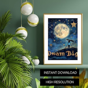 Dream Big - Inspirational Sternenhimmel Poster, Kinder Astronomen-Teleskop Wandkunst, Motivations-Zitat-Dekoration, Glitter-Schrift-Druck