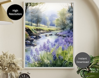 Bluebell Watercolor Landscape Art Print (Digital Download)