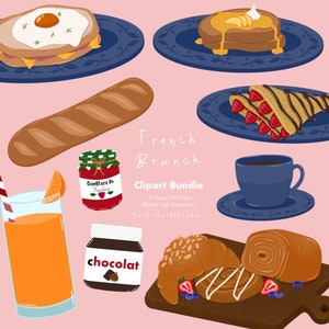 Breakfast Clipart | Brunch Clipart | PNG | French Food Clipart | Kitchen | French Toast | Baguette | Crepes | Orange Juice | Jam | Coffee