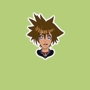 May include: A cartoon illustration of a young person with brown hair and blue eyes. The person is wearing a black jacket with a silver chain necklace. The background is a light green color.
