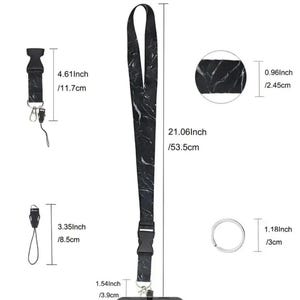 May include: Black and white marble patterned phone lanyard with a detachable key ring. The lanyard is 21.06 inches long and 0.96 inches wide. The key ring is 1.18 inches in diameter.