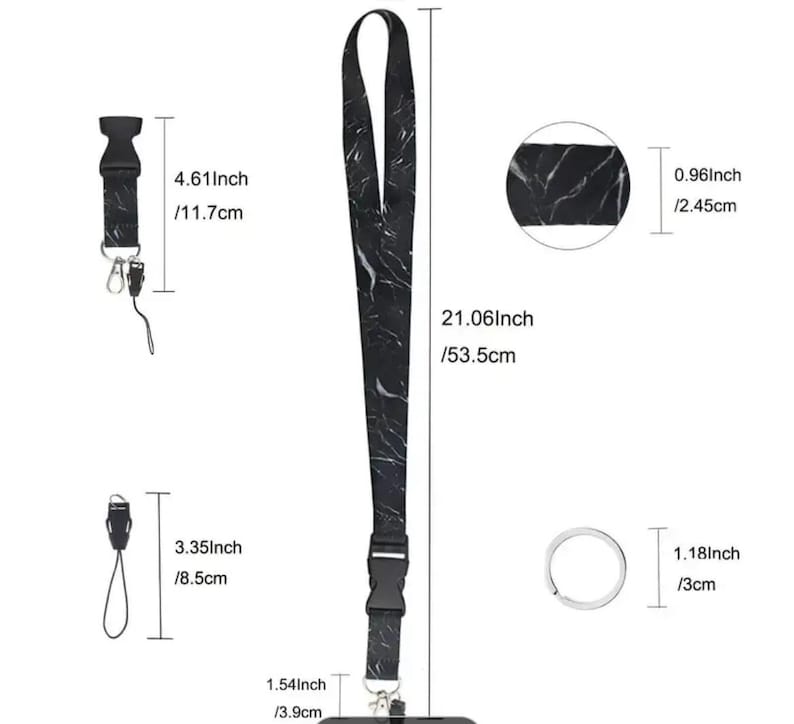 May include: Black and white marble patterned phone lanyard with a detachable key ring. The lanyard is 21.06 inches long and 0.96 inches wide. The key ring is 1.18 inches in diameter.