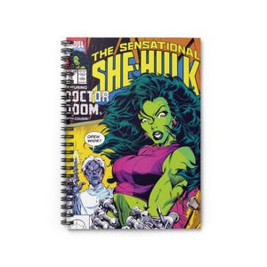 May include: A comic book cover featuring She-Hulk, a green female superhero, with a purple and green top. The cover also features the text "The Sensational She-Hulk" and "Doctor Doom".