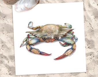 Blue Crab Watercolor Print / Vintage Illustration / Coastal Nautical Decor