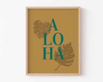 Boho Palm Art, Aloha Modern Print, Hawaii Wall Design, Tropical Hawaii Wall Art, Digital Download, Minimalist Word Art, Printable Wall Art