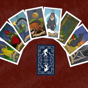 Peut inclure: Un &eacute;talement de cartes de tarot avec dix cartes dispos&eacute;es en demi-cercle. Les cartes sont blanches avec des bordures noires et pr&eacute;sentent des illustrations color&eacute;es. Les cartes sont num&eacute;rot&eacute;es en chiffres romains et comprennent les titres suivants&nbsp;: Le Magicien, L'Imp&eacute;ratrice, La Tour, Le Monde, La Lune, La Force, Le Chariot, Le Pendu, La Temp&eacute;rance et Le Diable.