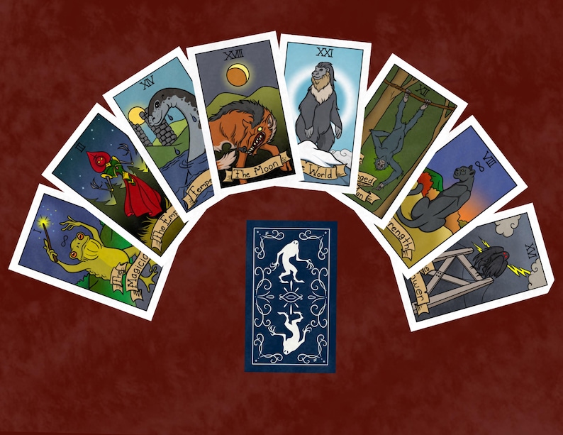 Peut inclure: Un &eacute;talement de cartes de tarot avec dix cartes dispos&eacute;es en demi-cercle. Les cartes sont blanches avec des bordures noires et pr&eacute;sentent des illustrations color&eacute;es. Les cartes sont num&eacute;rot&eacute;es en chiffres romains et comprennent les titres suivants&nbsp;: Le Magicien, L'Imp&eacute;ratrice, La Tour, Le Monde, La Lune, La Force, Le Chariot, Le Pendu, La Temp&eacute;rance et Le Diable.
