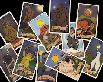 May include: A spread of tarot cards featuring colorful illustrations of various characters and symbols. The cards include The Fool, The Devil, The Hermit, The Lovers, The Magician, The Moon, The Sun, The Star, Temperance, and World.