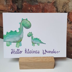 Dino Grußkarte zur Geburt - Hallo Kleines Wunder - Aquarell-Druck A6 - Glückwunschkarte