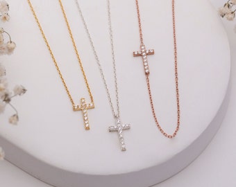 Cross Pendant Necklace, Gold Cross Necklace, Silver Cross Necklace, Religious Jewellery, Cubic Zirconia Cross Necklace, Sideways Cross