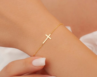 Pulsera de cruz de oro, pulsera de cruz delicada, joyería cruzada, regalos personalizados, madre, esposa, mujeres, niñas y niños, cruz, regalo de Navidad