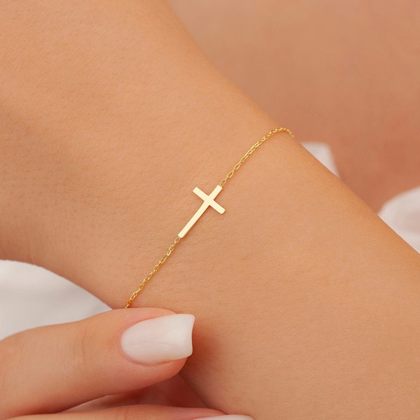 Goldkreuz Armband, Zierliches Kreuz Armband, Kreuz Schmuck, personalisierte Geschenke, Mutter, Frau, Frauen, Mädchen und Kinder, Kreuz, Weihnachtsgeschenk