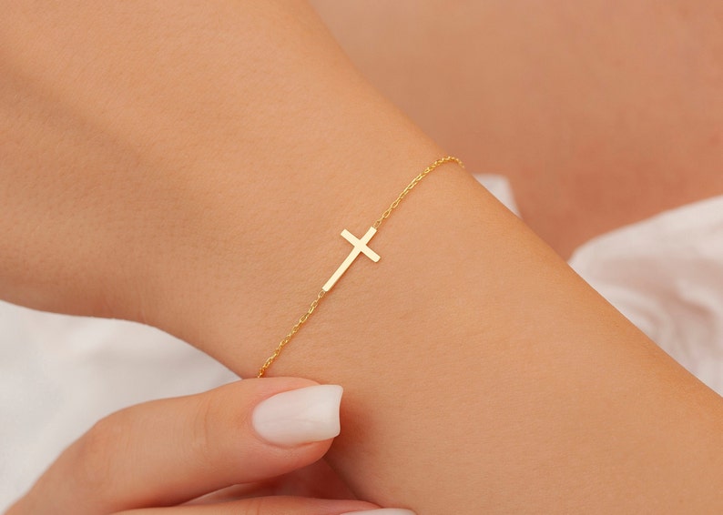 Gold Cross Bracelet, Dainty Cross Bracelet, Cross Jewelry, Personalized Gifts, Mother, Wife, Women, Girls and Childs, Cross, Christmas Gift image 1