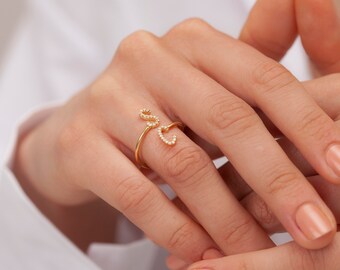 Anello regolabile con pietra di diamante, gioielli fatti a mano, anello con lettera a fascia con pietra di diamante personalizzabile, anello regalo unico per le donne, gioielli minimalisti