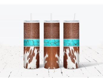 Cowhide and Turquoise 20 oz Skinny Tumbler