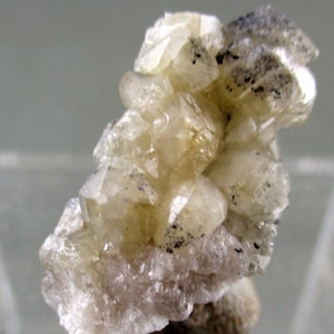 Puede incluir: Un grupo de cristales minerales translúcidos de color amarillo claro con una estructura cristalina. Los cristales tienen una textura ligeramente rugosa y están salpicados de pequeñas motas oscuras. La formación mineral se asienta sobre una base de material más claro y opaco.