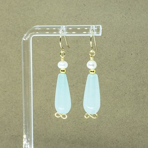 Aquamarine Teardrop Earrings, White Pearl Dangle Cluster Gemstone Earrings, Yellow Gold Filled, Sterling Silver, Rose Gold Filled, Bohemian