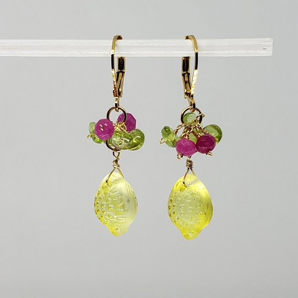 Lemon Earrings - Peridot Cluster Earrings - Dangle Drop Lemon Earrings - Gemstone Earrings  Yellow Gold Plated, Silver, Rose Gold Bohemian