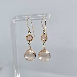 Pink Morganite Quartz Gemstone Briolette Dangle Earrings, Yellow Gold Filled, Rose Gold Filled, Sterling Silver, Gift for her, Minimalist