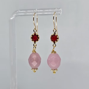 Genuine Rose Quartz and S. Ruby Gemstone Briolette Dangle Earrings, Yellow Gold Filled, Rose Gold Filled, Sterling Silver, Gift for her Boho