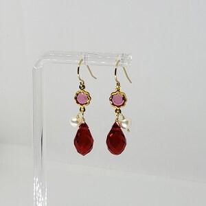 Red Ruby Color Crystal Briolette and White Pearl Cluster Dangle Earrings, Yellow Gold Filled, Sterling Silver, Rose Gold Filled, Bohemian
