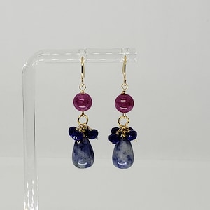 Sodaliet en Roze Toermalijn Cluster Drop Dangle Oorbellen - Edelsteen Oorbellen, Geel Goud Gevuld, Sterling Zilver, Rose Goud - Boho