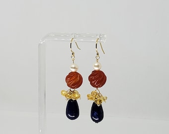 Lapis Lazuli Briolette Earrings with Carnelian and Citrine, Cluster Dangle Earrings - Yellow Gold Filled, Sterling Silver, Rose Gold - Boho