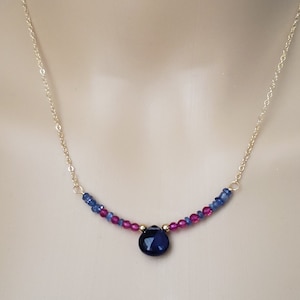 Tanzanite Briolette and Ruby Beaded Bar Necklace, Tanzanite Briolette Choker, Ruby Necklace, Yellow Gold Filled, Rose Gold Filled, S. Silver
