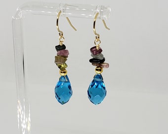 Tourmaline Cluster Dangle Earrings, Blue Topaz Crystal Briolette and Gemstone Earrings, Yellow Gold Filled, Sterling Silver Rose Gold Filled