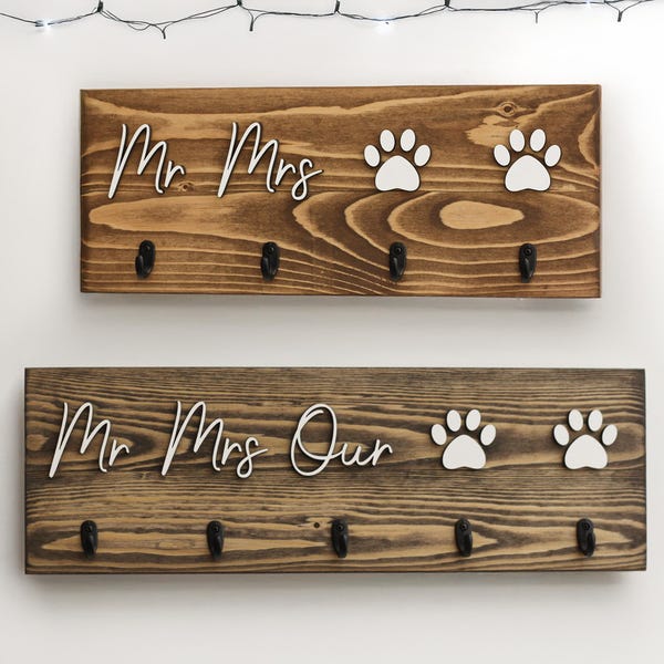 Personalized Mr, Mrs Walnut Key and Dog Leash Holder, Wall Decor