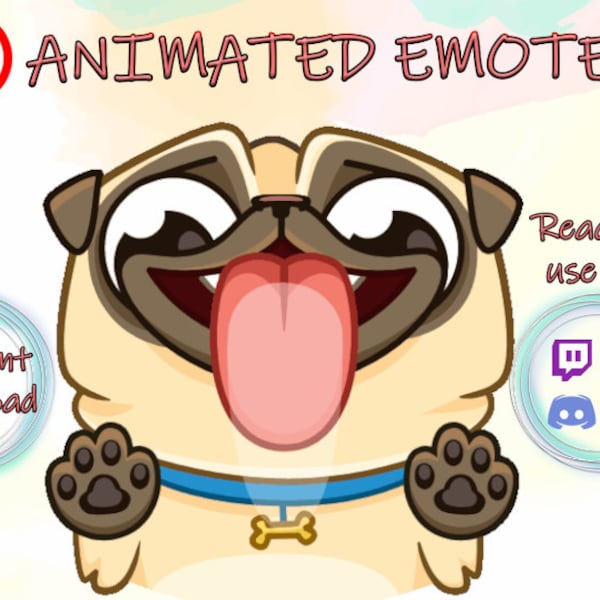 1 Twitch Sub Dog Pug Animated Emote Subscriber emoji/ Cute cartoon puppy/Omg Kawaii pup whelp cub/Hype lick screen/Happy man/ Big black eyes