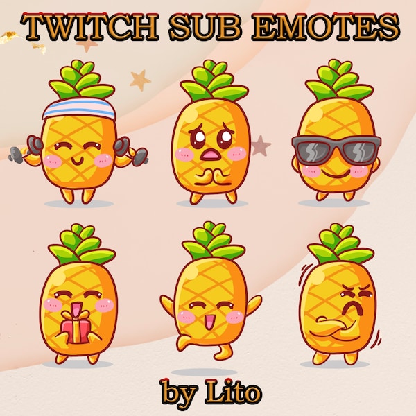 6 Twitch Sub Cartoon Emotes Abonnees Ananas emoji / Leuke verlegen cadeau / Kawaii Emote / Oranje / Hi hand / Zonnebril / Kus / Liefde gezicht / Groot hoofd