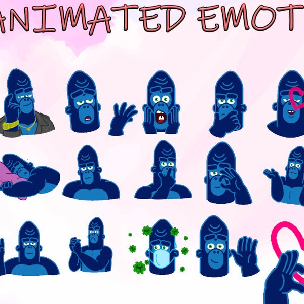 15 Animated Twitch Sub Blue Gorilla Emote Set Subscriber emoji man/ Cute Kawaii animal/Hype flex dance/Think about it/ Cartoon monkey banana