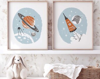 Astronomie Kunst Set, 2er Set blau, Kunstdruck, digitale druckbare Kunst, Saturn, Weltraum Illustration