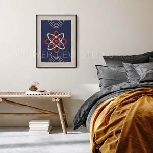 Puede incluir: Impresi&oacute;n art&iacute;stica abstracta enmarcada con un fondo azul marino y un dise&ntilde;o de s&iacute;mbolo de &aacute;tomo rojo y blanco. La obra de arte est&aacute; en un marco negro y se muestra en una pared blanca. El texto "RIVER DEW STUDIO" es visible.