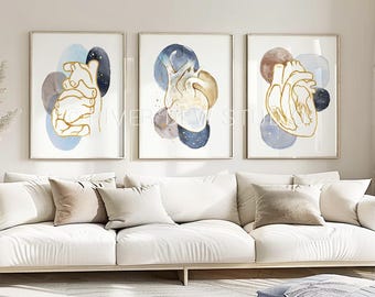 Herz, Anatomie, 3er-Set, naturwissenschaftliche Kunst, Sofortiger download Kunstdruck in Blau, digital druckbare Kunst, Biologie Kunst, Kardiologie Wandkunst